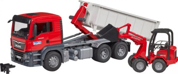 Bruder 03767 - MAN TGS LKW mit Abrollcontainer und Schäffer Hoflader