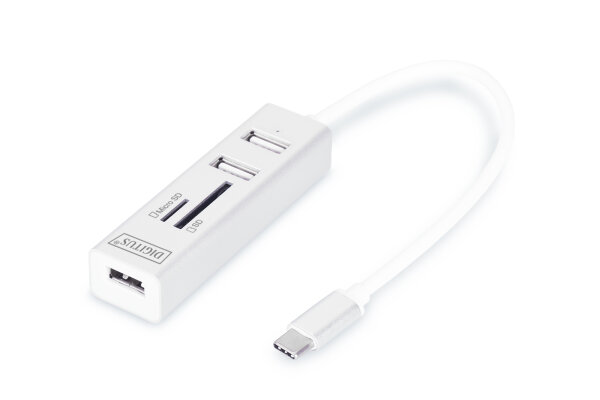 DIGITUS USB-C-Hub  3-Port 2.0->3xA2.0 1xReader in.Kabel weiß