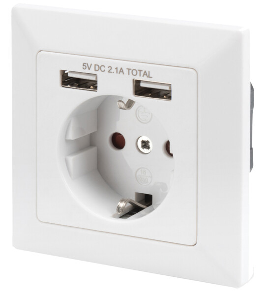 DIGITUS Unterputz Steckdose 250V + 2 x USB A, weiß