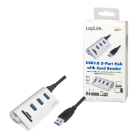 Logilink USB 3.0 HUB 3-Port, mit Kartenleser, ALU, silber