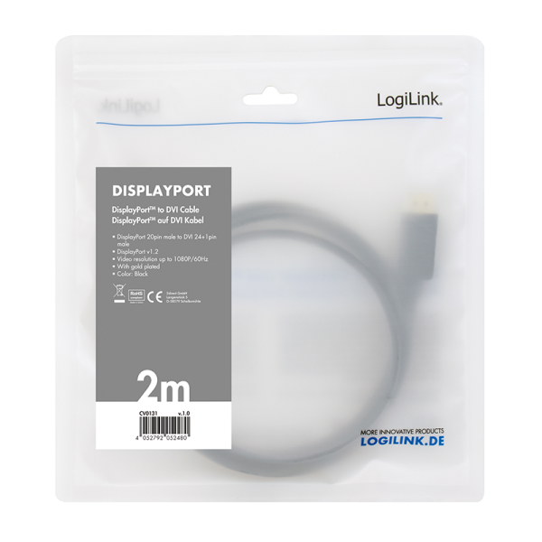 Logilink DisplayPort-Kabel DP 1.2 zu DVI 1.2 3,0m schwarz
