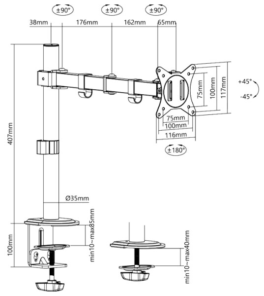 Logilink Monitorhalterung,17-32",Armlänge376 mm,Stahl,Black